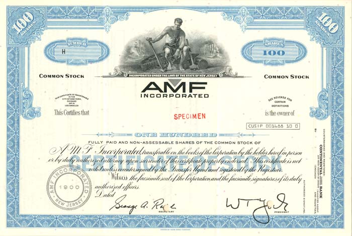 AMF Incorporated - American Machine and Foundry - Specimen Stock Certificate